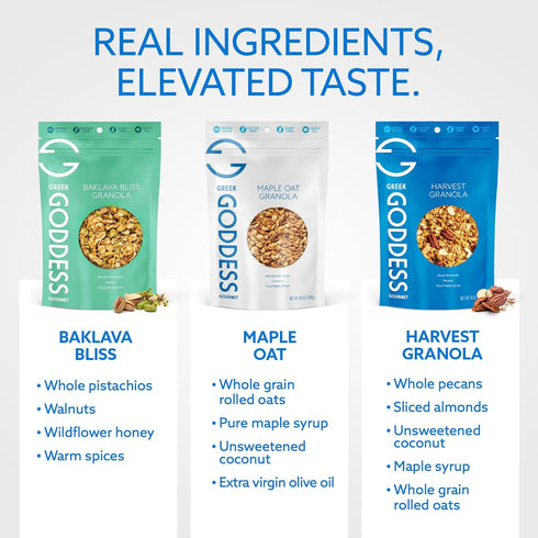 Pack 10oz (3-Pack Greek Goddess Gourmet Granola Variety Baklava Bliss, Harvest, & Maple Oat with Nuts, Honey, Maple