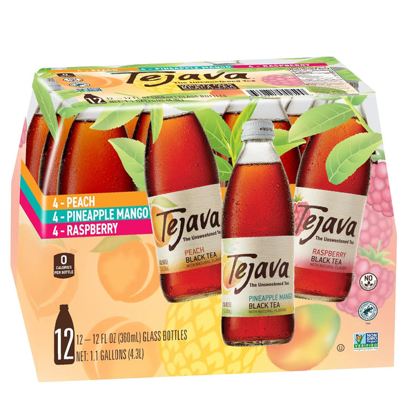 Tejava Black Tea Sampler, 12 ounce (12-Pack) Glass, Unsweetened, Peach, Raspberry and