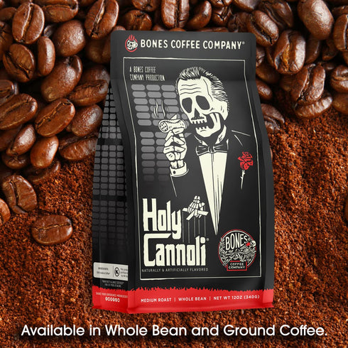 12 Oz Bones Coffee Company Holy Cannoli, Baked Cannoli Flavored Coffee, Medium Roast Low Acid Arabica Beans Compatible