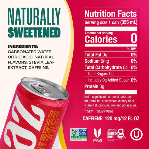 12 oz (12-Pack) Zevia Zero Sugar Energy Drink, Mango Ginger, Cans Naturally Sweetened, Zero Calorie Sugar Free Energy