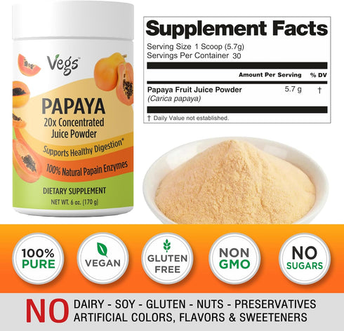 20:1 6 oz Papaya Juice Powder with Natural Papain Digestive Enzyme - Concentrated & Freeze Dried Organic Papaya Juice