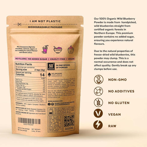 Wild Blueberry Powder Organic, USDA Certified, for Smoothies, Baking, Rich in Antioxidants