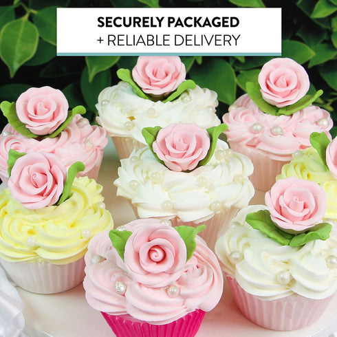 24 Count Global Sugar Art Premium Wedding & Party Edible Rose Cake & Cupcake Sugar Flowers, Pink, with Leaves by Chef