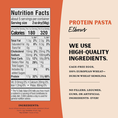 Elbows 30g 10oz (Pack 8) Al Dente Protein Pasta High Protein, Lower Carb, High Fiber. Artisanal Flavor: Cage-Free Eggs