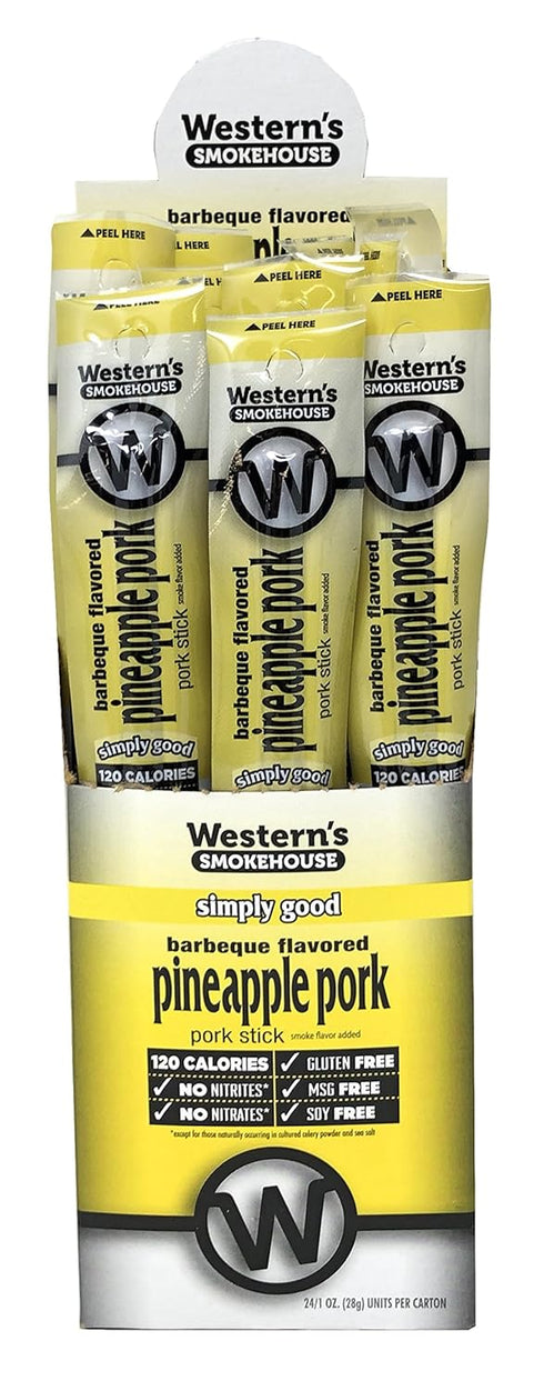 Pack 24 (1.0 Western's Smokehouse Meat Sticks Barbeque & Pineapple Pork Jerky Sticks of Meat Sticks Individually