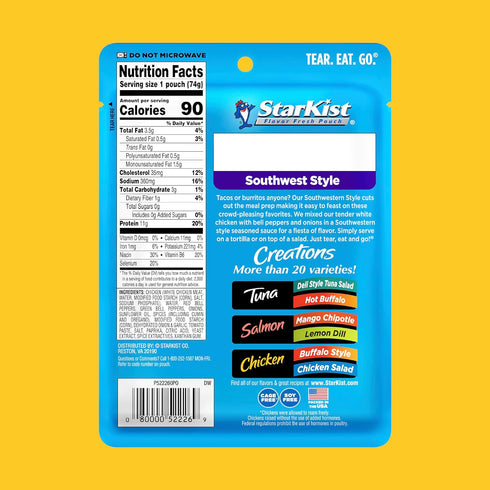 (2.6 oz 12 Pack) StarKist Chicken Creations Southwest Style Pouch - Fully Cooked High Protein White Meat, Soy Free, No