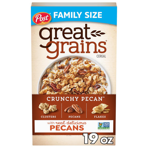 Great Grains Crunchy Pecans Breakfast Cereal for Adults, Crispy Flakes and Granola Clusters, Non-GMO,
