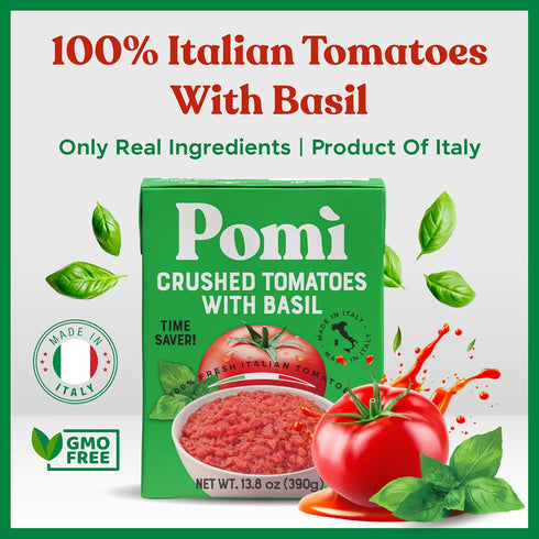 100% 13.8oz (Pack 12) Pom Crushed Tomatoes with Basil - Creamy, Velvety Italian Sauce, No Salt