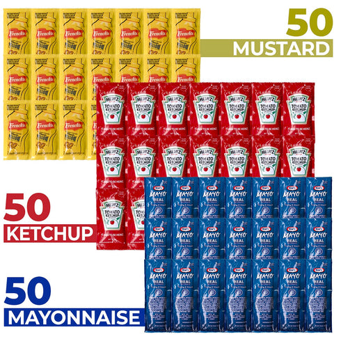 Packs (150 Pack) 50 Grab-n-Go Condiment - Single Serve Pouches of Ketchup, Mustard, & Mayo - Dispenser Box, Great
