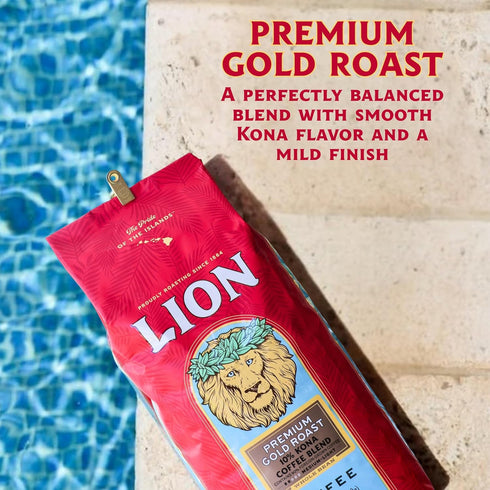 10% 24 Lion Coffee Premium Gold Roast, Kona Coffee Blend, Medium-Light Roast, A Taste of Aloha - Ground, Ounce Bag