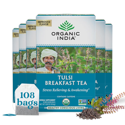 ORGANIC INDIA Tulsi Breakfast Herbal Tea - Black Tea, Holy Basil, Relieve