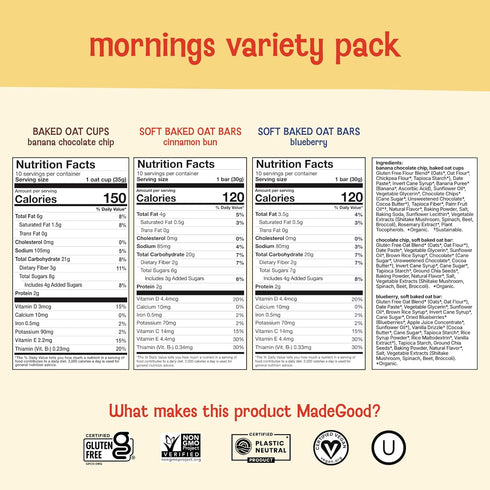 Pack (30 count) MadeGood Mornings Soft-Baked Oat Bars & Oat Cups Variety