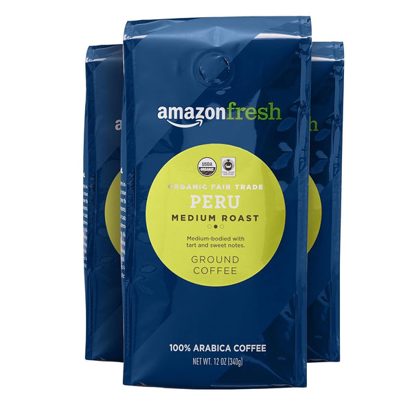 Amazon Fresh Organic Fair Trade Peru Ground Coffee, Medium Roast, 12 Ounce (Pack of