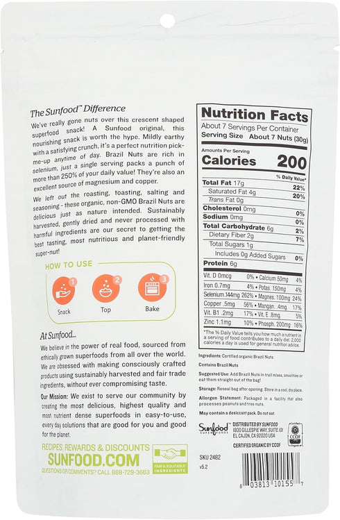 Sunfood Superfoods Raw Organic Brazil Nuts, Unsalted, Great Source of Protein, USDA Organic, Non-GMO, Vegan - 8 oz Bag