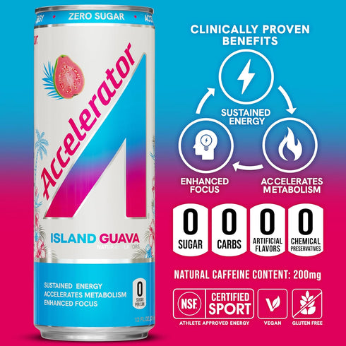 12oz (12 pack), 100% (200mg Accelerator Energy Drink, Island Guava can Zero Sugar, Sustained Energy from Natural