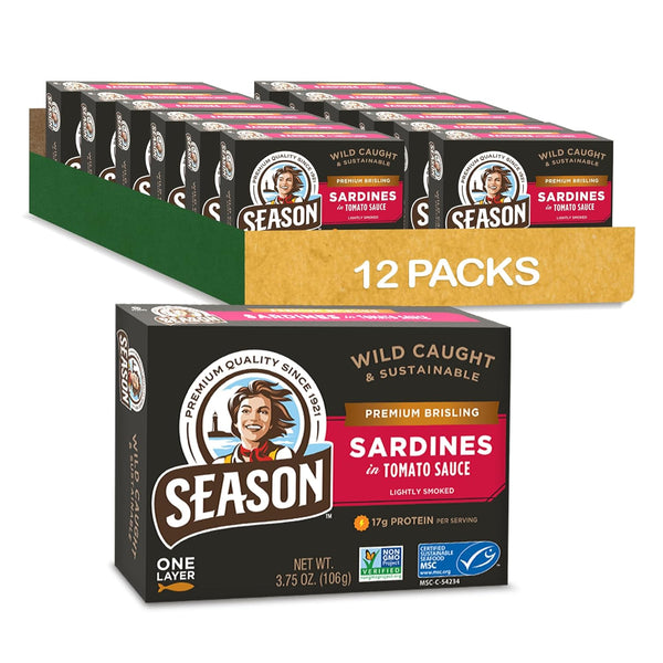 Season Brisling Sardines in Tomato Sauce - Wild Caught, 17g of Protein,