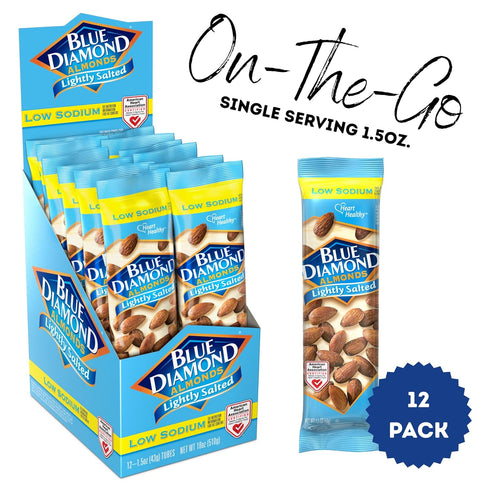 (1.5 Oz. Pack 12) Blue Diamond Almonds, Low Sodium, Lightly Salted Flavored Snack Nuts, Single Serve Bags Tubes