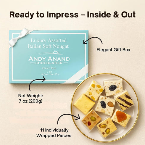 11 (7oz, Pack 1) ANDY ANAND CHOCOLATIER Italian Nougat Candy Pcs of Assorted Soft Torrone with Almonds, Pistachios