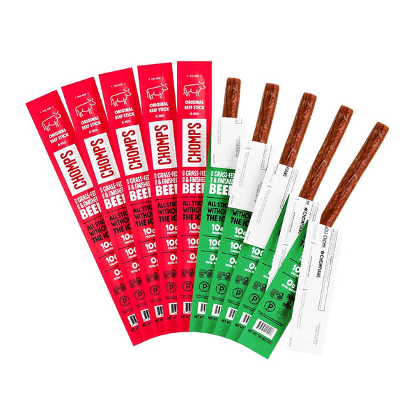 CHOMPS Grass Fed Beef Jerky Sticks, Variety Pack, 10 Sticks: (5) Original