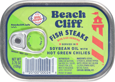 Beach Cliff Wild Caught Fish Steaks: 3.75 oz Can in Soybean Oil with Hot Green Chilies, Pack of 12
