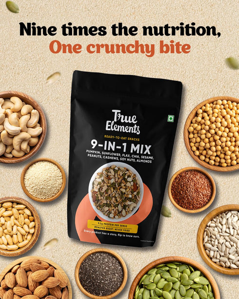 9 1 8.82 Oz True Elements in Snack Mix - Mix of Pumpkin, Watermelon, Flax, Chia, Sunflower, Peanuts, Soynuts, Almonds