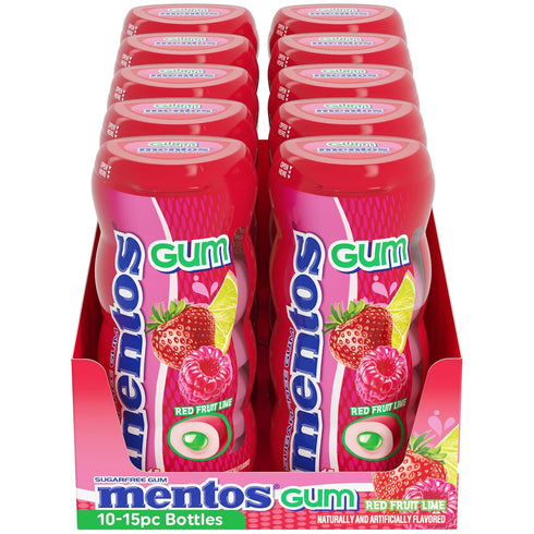 15 Pack (Pack 10) Mentos SugarFree Chewing Gum with Xylitol Piece Bottle Bulk of, Red Fruit & Lime