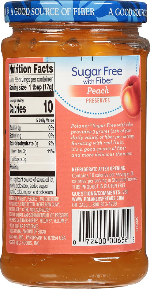 Polaner 13 Sugar Free with Fiber, Peach Jam, Ounce