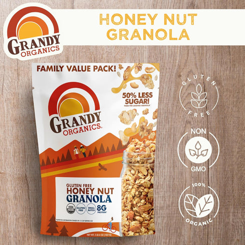 2 Pack 2 Grandy Organics Honey Nut Gluten Free Granola - Certified Organic, Non-GMO, Lower Sugar, Family Value Size