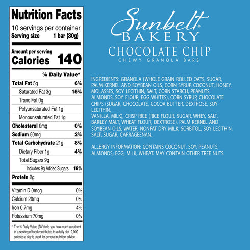 10 (8) Sunbelt Bakery Chocolate Chip Chewy Granola Bars, Bars In Each Box, No Preservatives