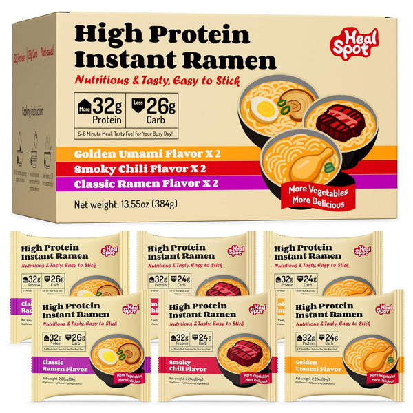 HealSpot High Protein Instant Ramen Variety Pack, 6 Pack Non Fried Ramen