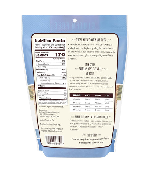 24oz (Pack 4) Bob's Red Mill Gluten Free Organic Steel Cut Oats, of - Non GMO, Whole Grain, Vegan, Kosher