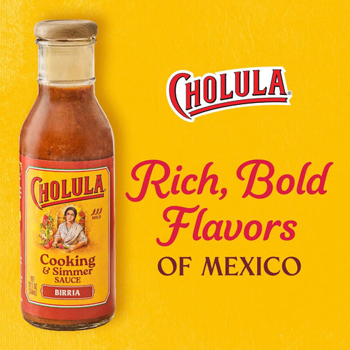 Simmer 12 oz (Pack 6) Cholula Cooking & Sauce, Birria, For Birria Tacos, Slow-Cooked Beef, Stew, Quesadillas and More