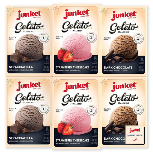 Junket Gelato Mix: Stracciatella (Vanilla Chocolate), Dark Chocolate, & Strawberry Cheesecake, Homemade