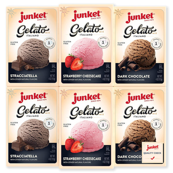 Junket Gelato Mix: Stracciatella (Vanilla Chocolate), Dark Chocolate, & Strawberry Cheesecake, Homemade