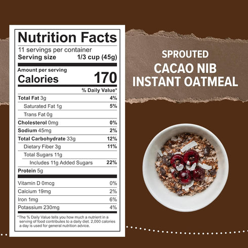 18oz, Pack 6 One Degree Organic Foods Gluten Free Sprouted Cacao Nib Instant Oatmeal