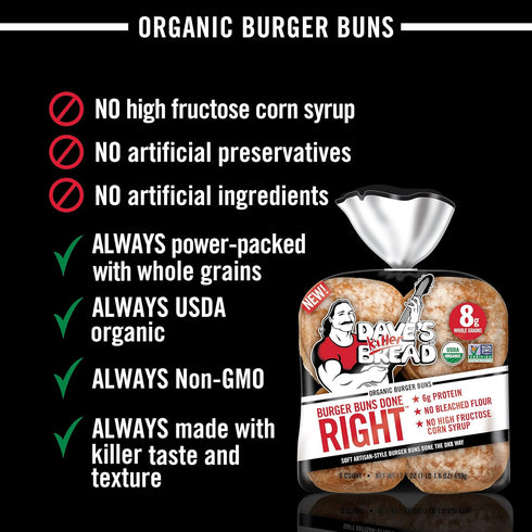 8 Count Dave's Killer Bread Burger Buns Done Right, Organic White Bread Hamburger Buns