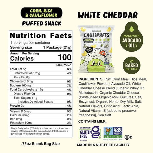 (30 0.75oz CauliPuffs - Corn, Rice, and Cauliflower Gluten Free Puffed Snack x Bags, White Cheddar)