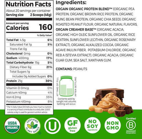 21g 6g 2.03 lb Orgain Organic Vegan Protein Powder, Chocolate Peanut Butter - Plant Protein, Prebiotic Fiber, Low Net