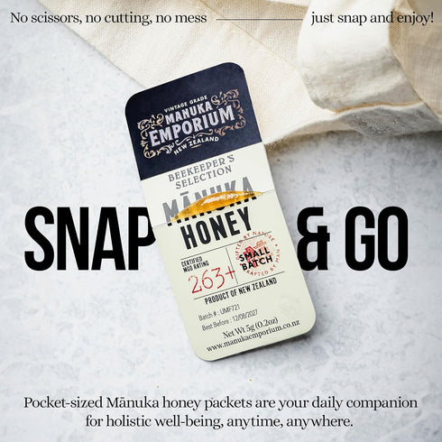 Packets 263+ 24 0.18oz 10+ Manuka Emporium Raw Manuka Honey MGO | x Single-Serve Snaps | Certified Monofloral New