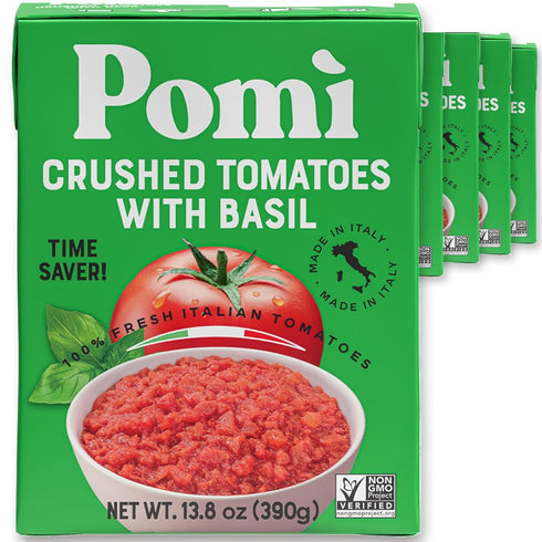 Pom Crushed Tomatoes with Basil - Creamy, Velvety Italian Sauce, No Salt,