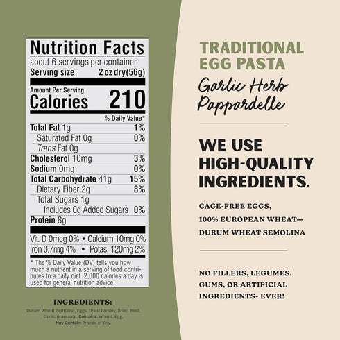 12oz (Pack 6) Al Dente Garlic Herb Pappardelle All-Natural, Hand-Crafted Egg Pasta. Traditional Pasta Noodles Made