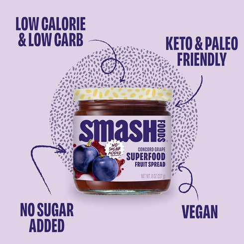 (2 Smash Foods Grape Jam | Low-Calorie, No Sugar Added Keto Jam with Upcycled Fruit & Chia Seeds | Vegan, Paleo