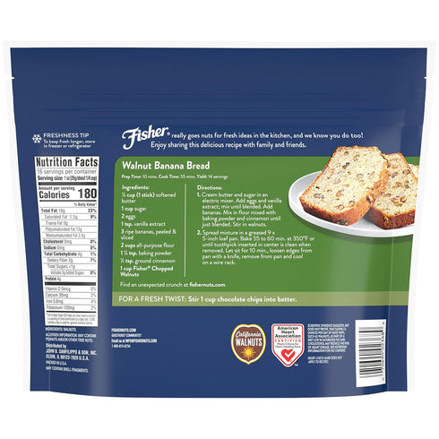 Fisher Chef's Naturals Chopped Walnuts 1 lb, 100% California Unsalted Walnuts for Baking & Cooking, Snack Topping, Resealable Bag, Great with Yogurt & Cereal, Vegan Protein, Keto Snack, Gluten Free