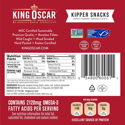 3.54 (Pack 1), King Oscar Kipper Snacks, Ounce Cans of Lightly Smoked Herring Fillets, Wild Caught Canned Herring