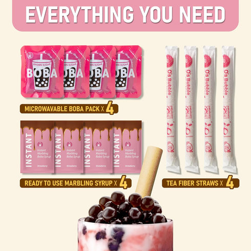 (Pack 4) O's Bubble Instant Boba Kit Marbling Boba Kit | boba tea kit | Tapioca pearl | Marbling Syrup | Non-Dairy |