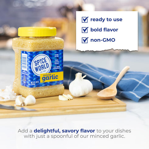 Spice World Minced Garlic – Bulk 48 oz Garlic Container – Ready-to-Use Seasonings for Cooking, Reduce Prep Work and Easily Add Flavor