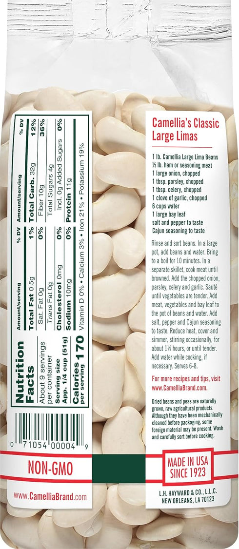 1 (Pack 6) Camellia Brand Dried Large Lima Beans Premium White Butter Beans for Southern Cooking, Soups, Stews
