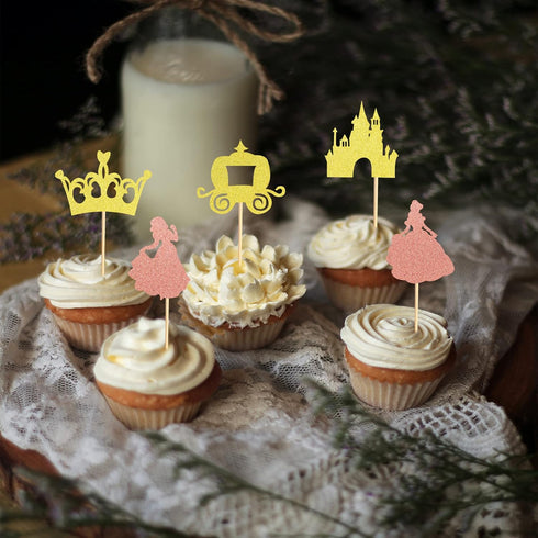 Pack of 40 Pre-Assembled Princess Cupcake Toppers - Crown Castle Girl Cupcake Toppers for Princess Theme Party