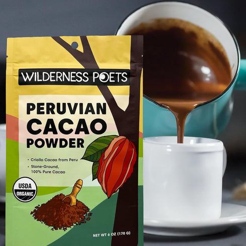 100% -32 2 Wilderness Poets, Organic Cacao Powder. Unsweetened, Peruvian Heirloom Cacao (Criollo Variety) Ounce - Pound