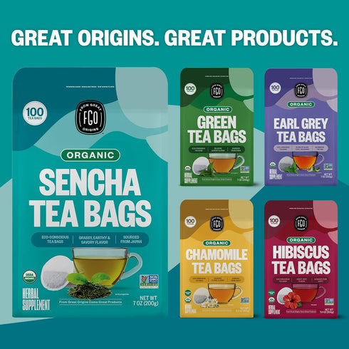 FGO Organic Sencha Green Tea, 100 Count Eco-Conscious Tea Bags, Resealable Bag, Sourced From Japan